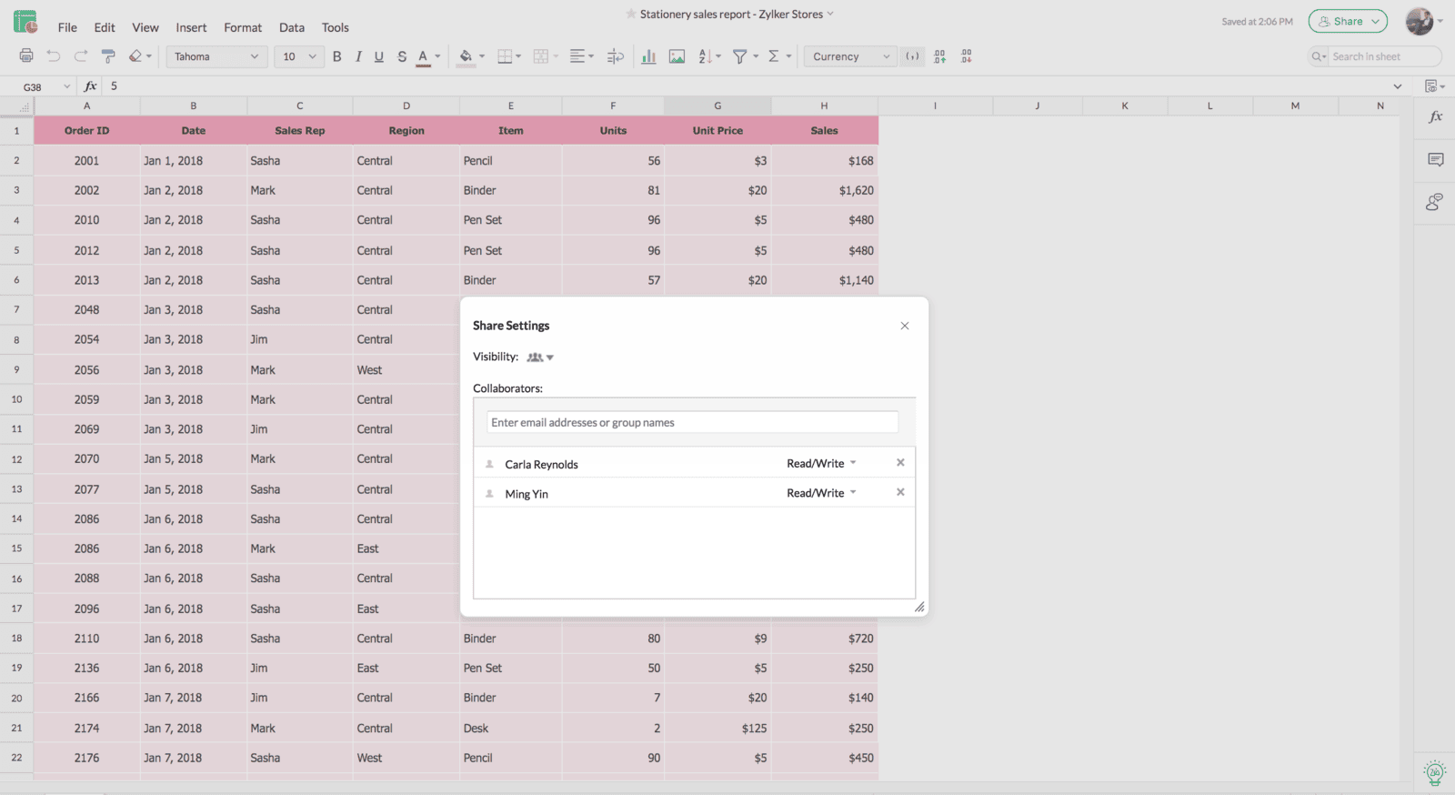 Zoho Sheet Zusammenarbeit